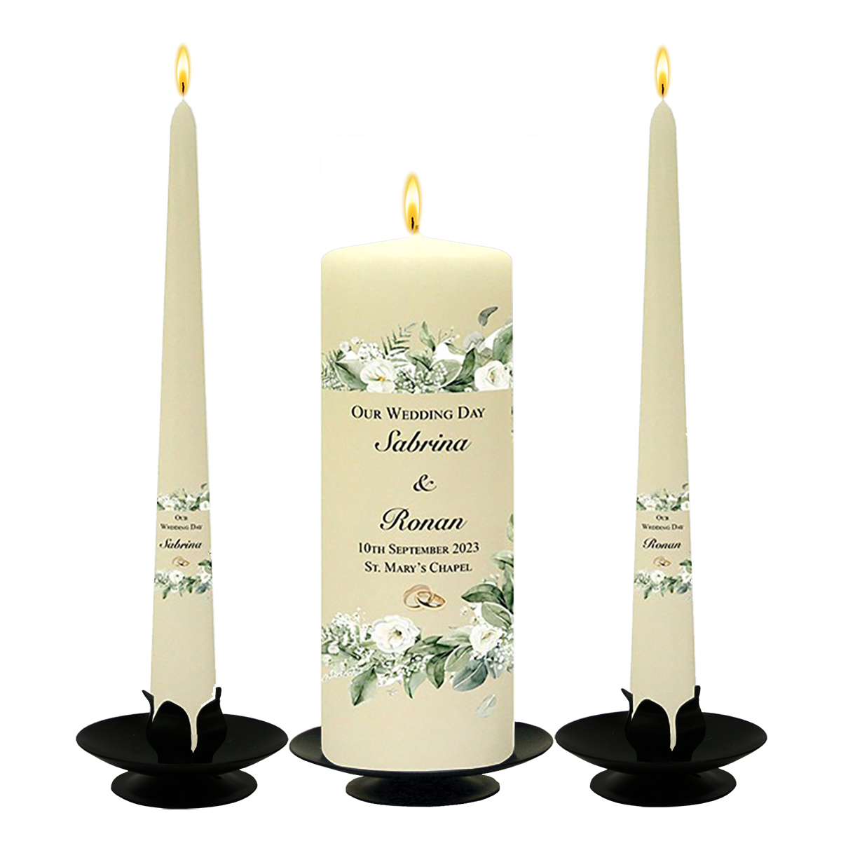 Personalised Wedding Candles - Green & White Flower Corner Gold Rings