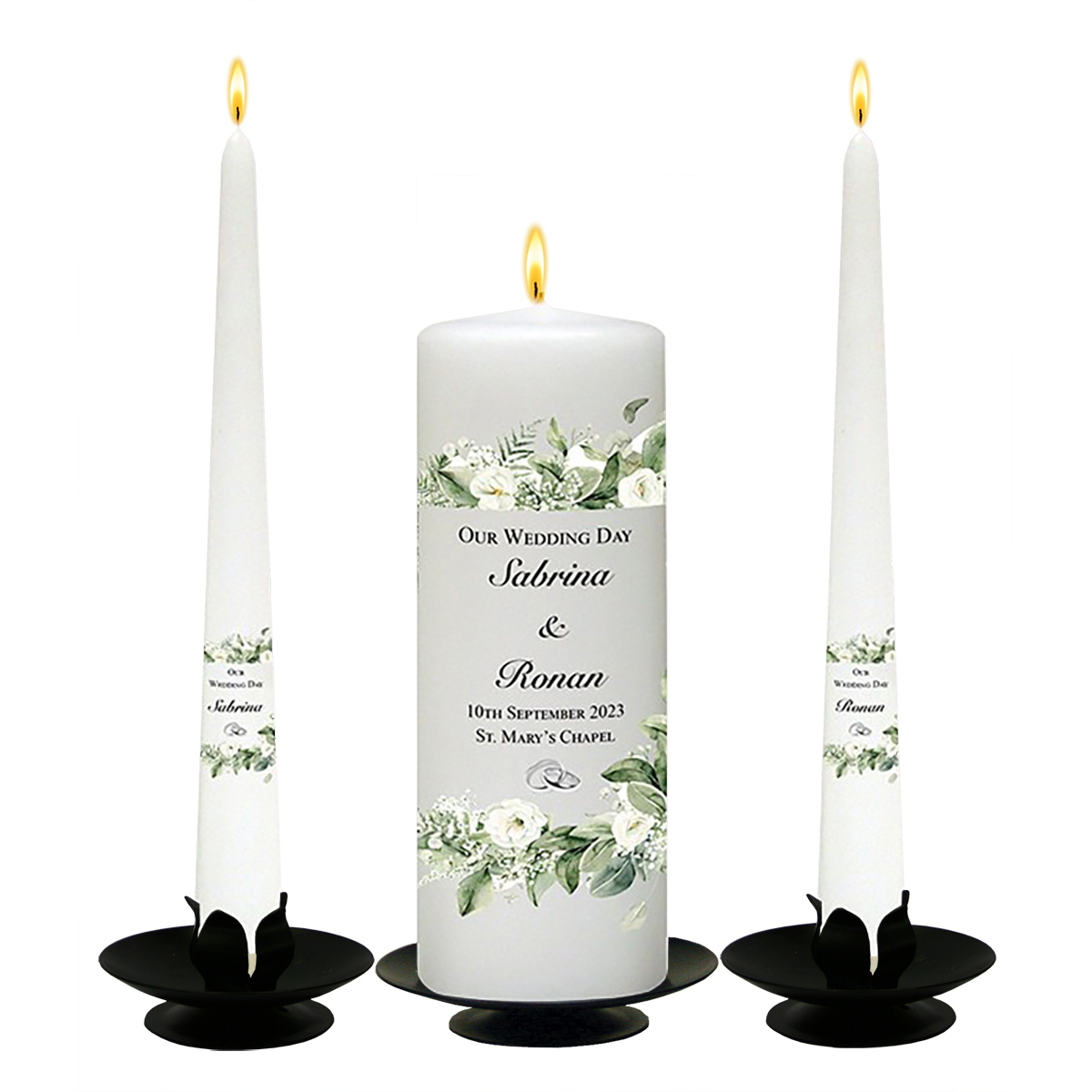 Personalised Wedding Candles - Green & White Flower Corner Silver Rings