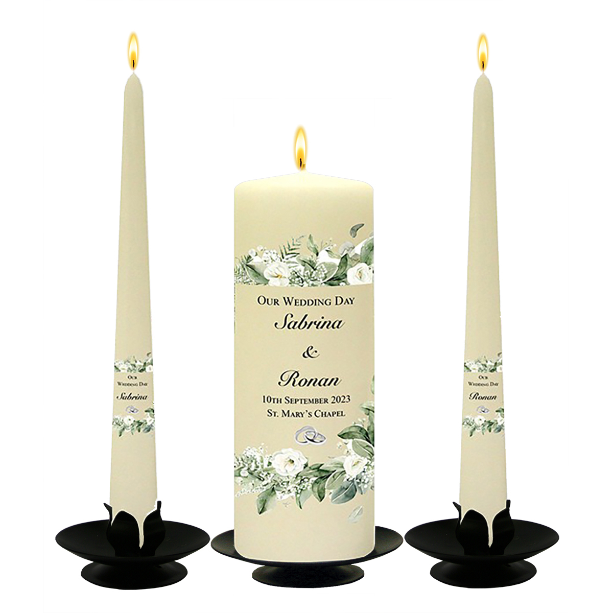 Personalised Wedding Candles - Green & White Flower Corner Silver Rings