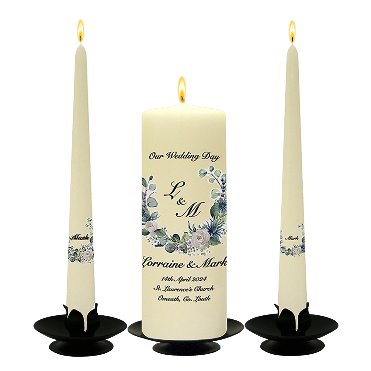 Personalised Wedding Candles - Green & White Flower Circle Black Script