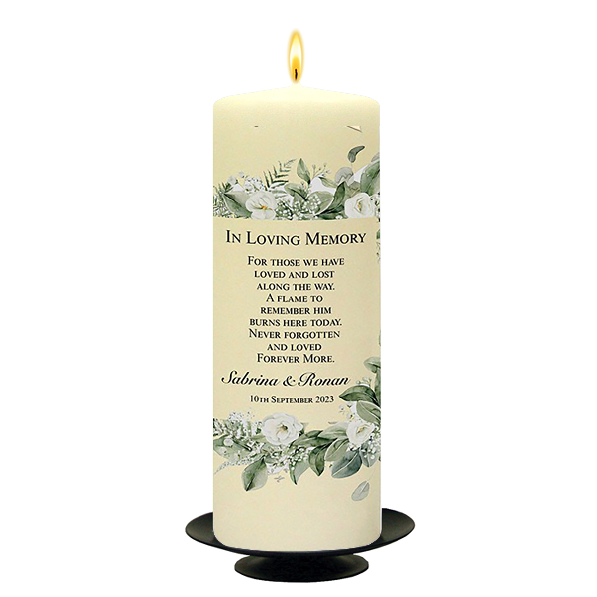 Personalised Wedding Remembrance Candle - Green & White Flower Corner Black Script on Ivory