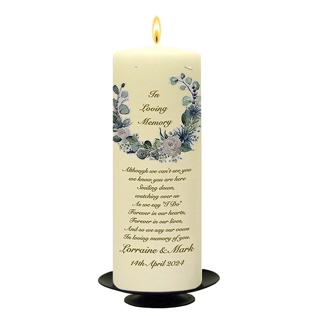 Personalised Wedding Remembrance Candle - Green & White Flower Circle Gold Script