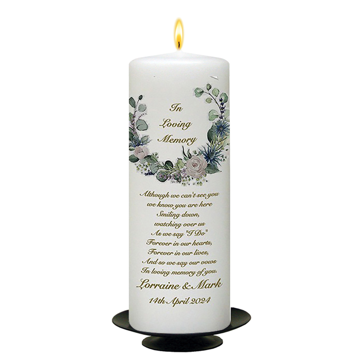 Personalised Wedding Remembrance Candle - Green & White Flower Circle Gold Script
