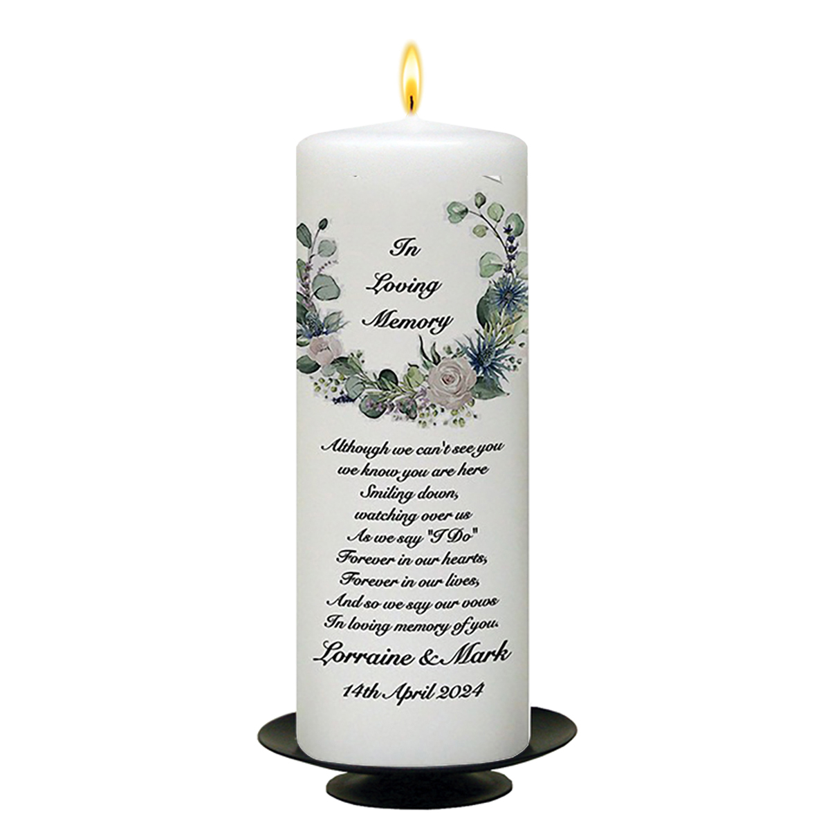 Personalised Wedding Remembrance Candle - Green & White Flower Circle Black Script