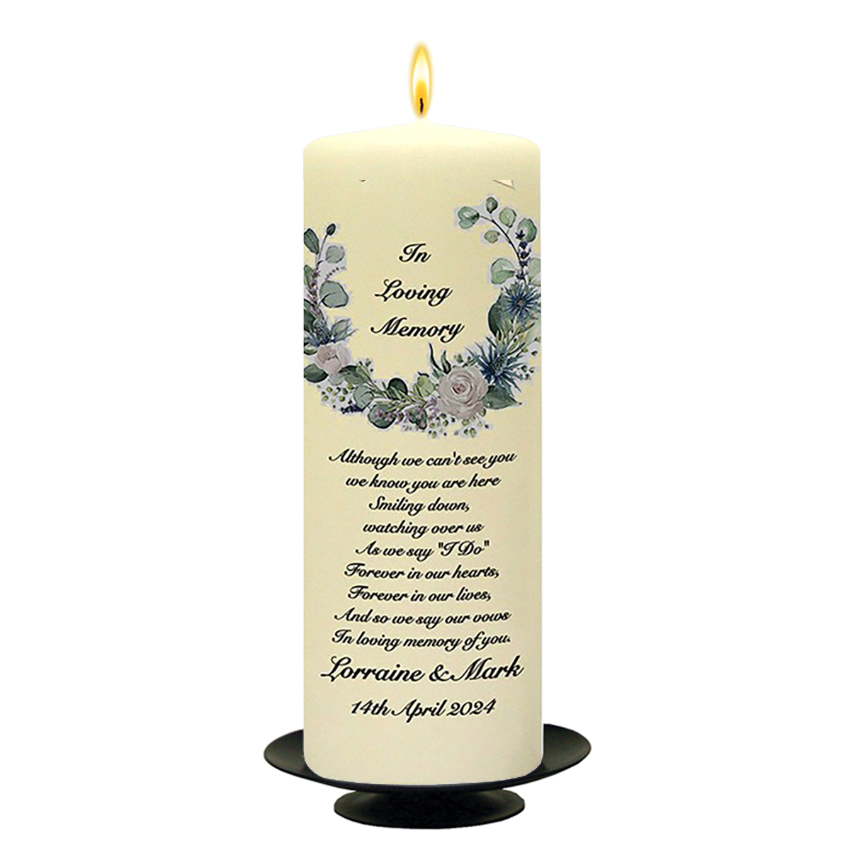 Personalised Wedding Remembrance Candle - Green & White Flower Circle Black Script