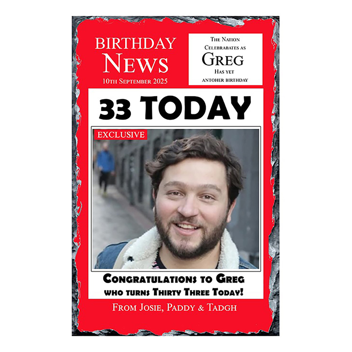 Personalsied Birthday Slate Gift - Birthday News - Red with photo