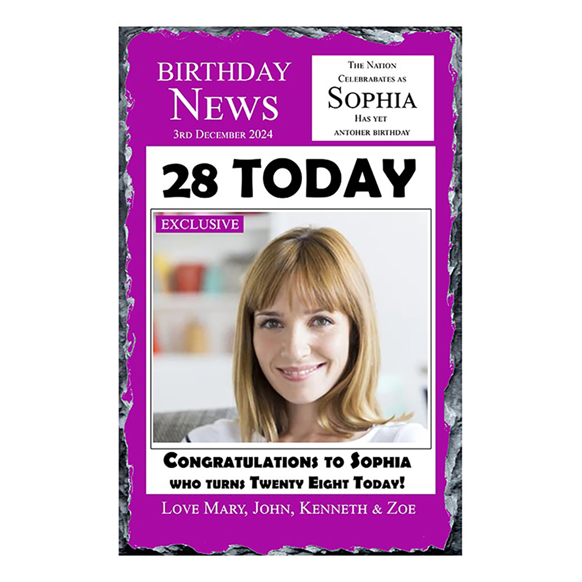 Personalsied Birthday Slate Gift - Birthday News - Purple with photo