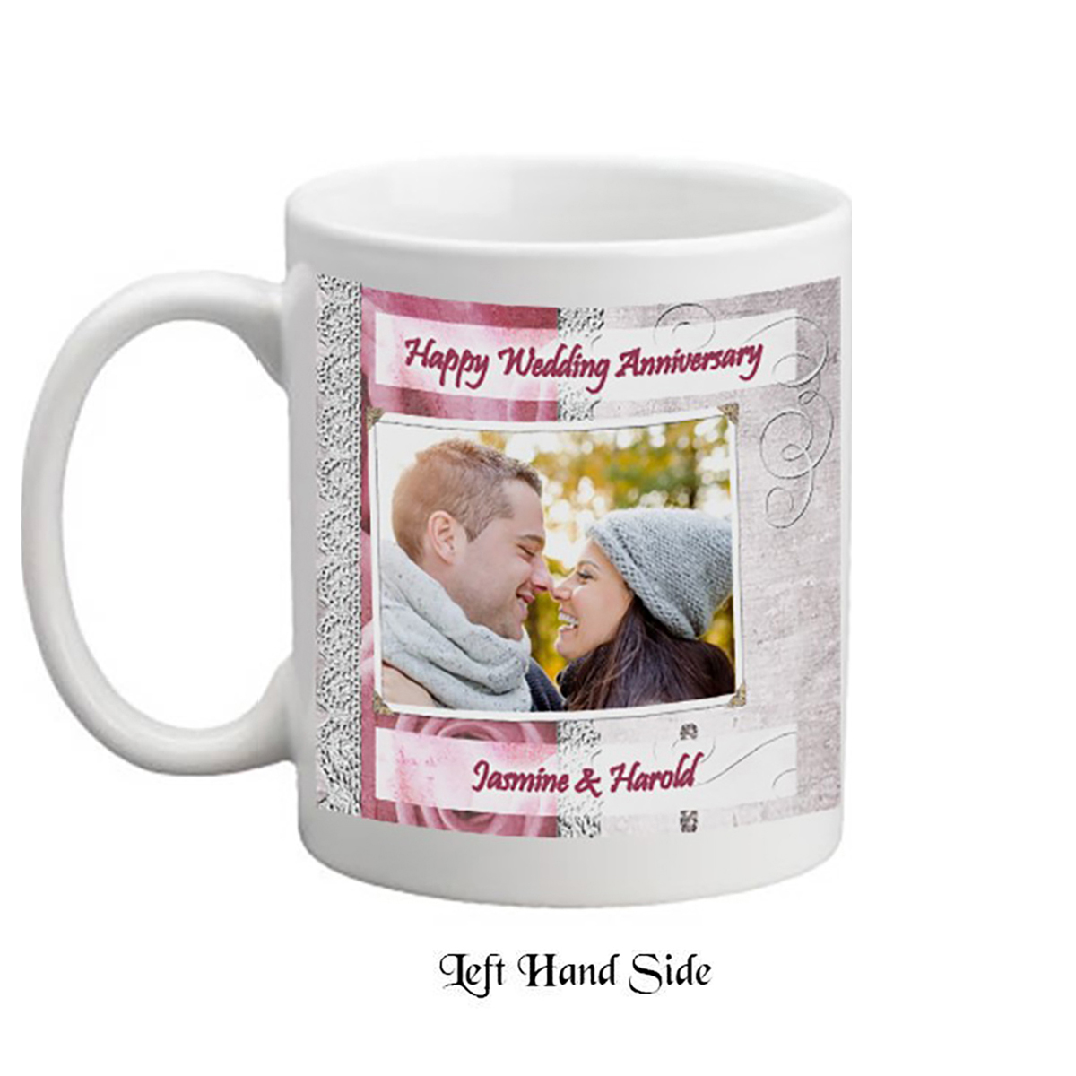 Personalised Wedding Anniversary Mug Gift - Roses & Lace with Photo