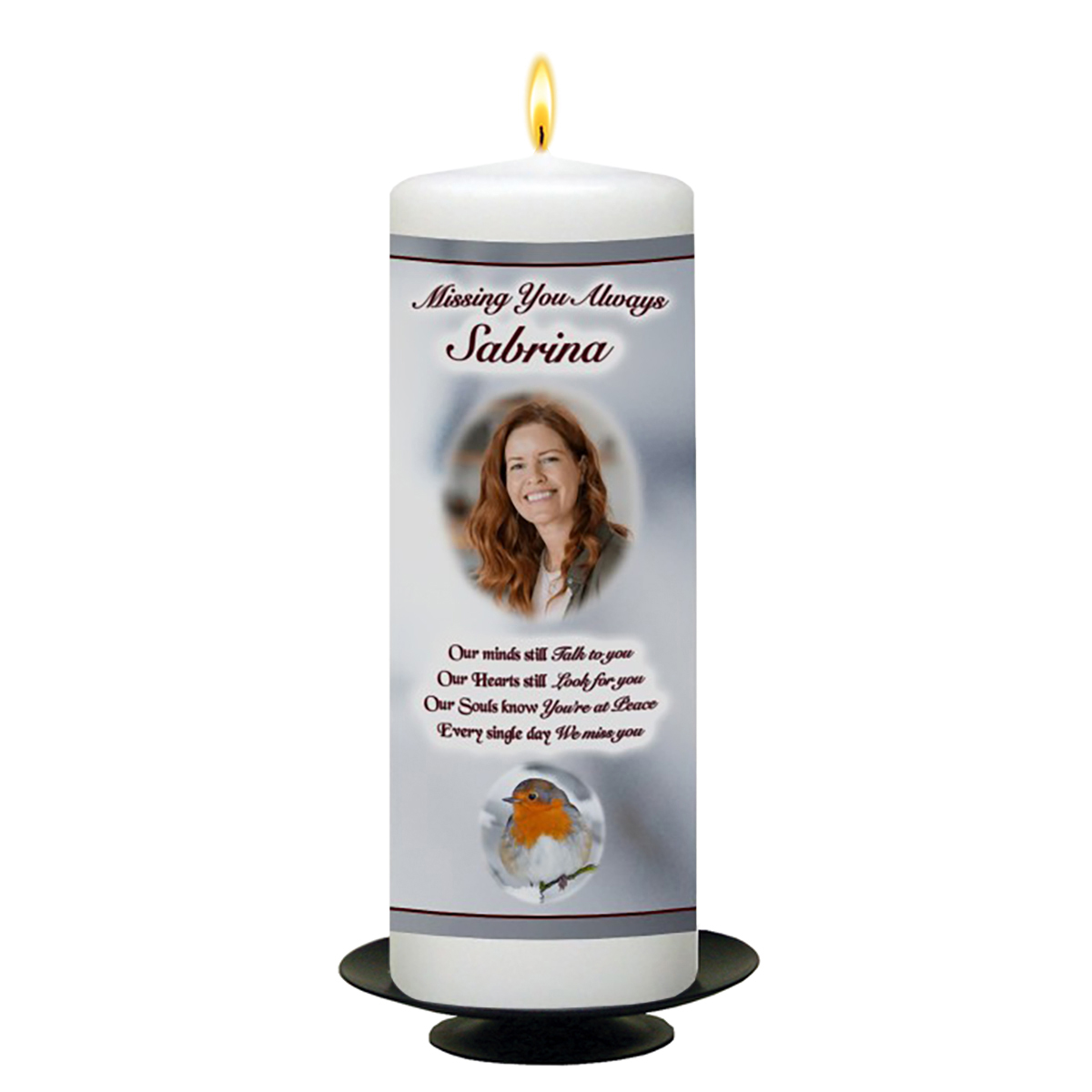 Personalised Christmas Remembrance Candle - Robin & Snow with Photo