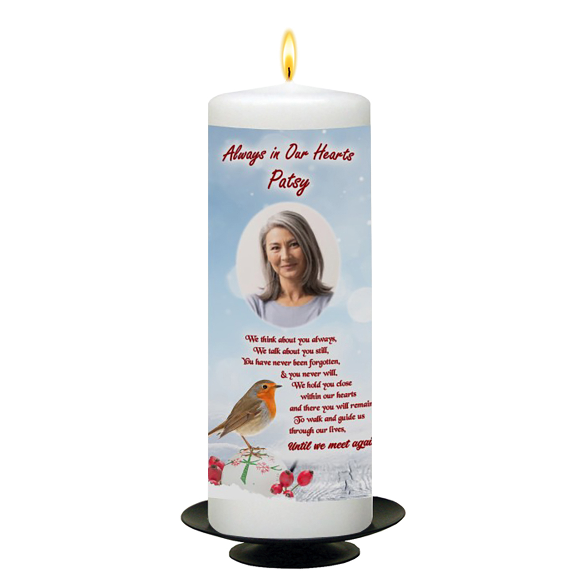 Personalised Christmas Remembrance Candle - Robin & Baubles with Photo