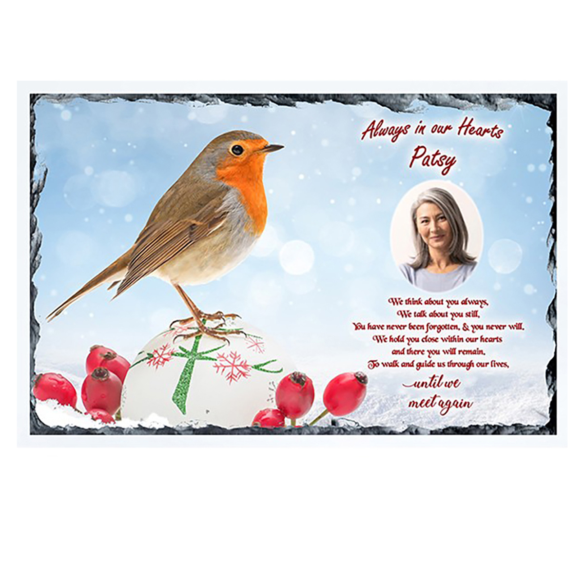 Personalised Christmas Remembrance Slate - Robin & Baubles with Photo