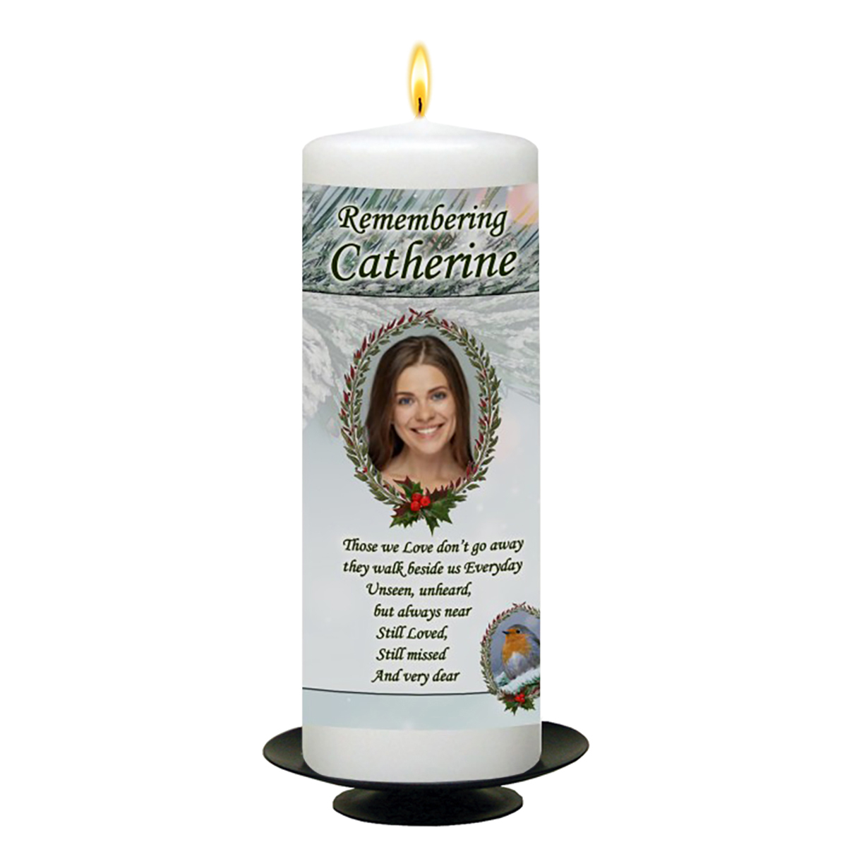 Personalised Christmas Remembrance Candle -Christmas Wreath Robin Photo Remembrance