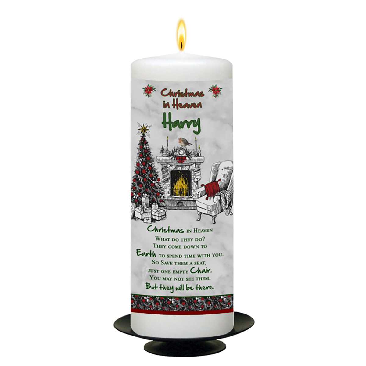 Personalised Christmas Remembrance Candle - Christmas in Heaven Robin & Poinsettia