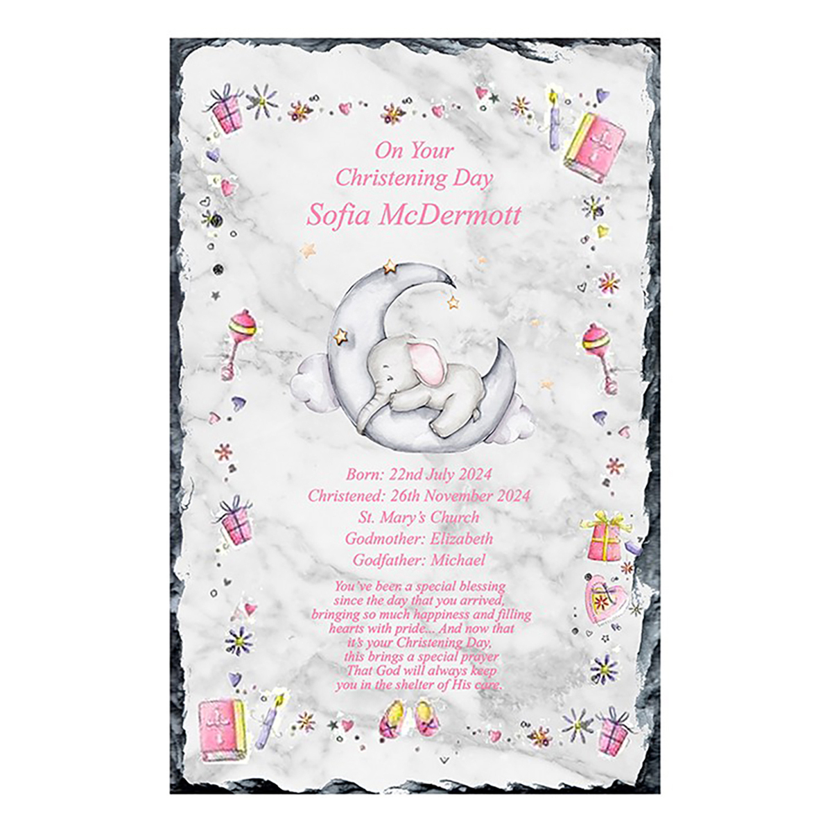 Personalised Girl Christening Slate Gift - Ellie Elephant
