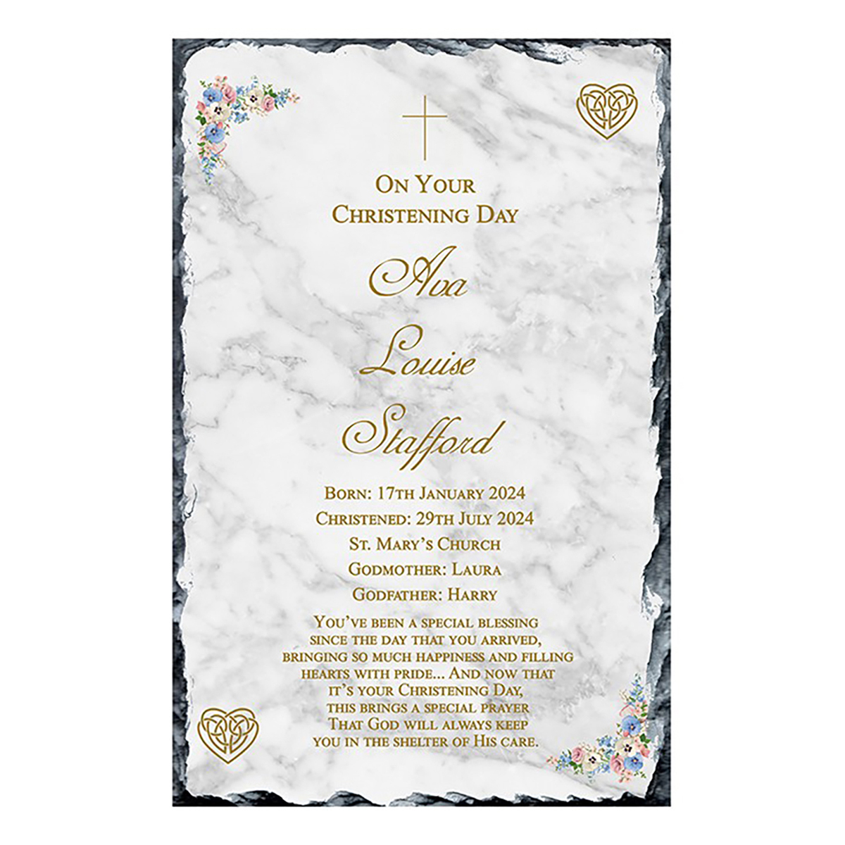 Personalised Girl Christening Slate Gift - Mothers love knot Pink Flowers