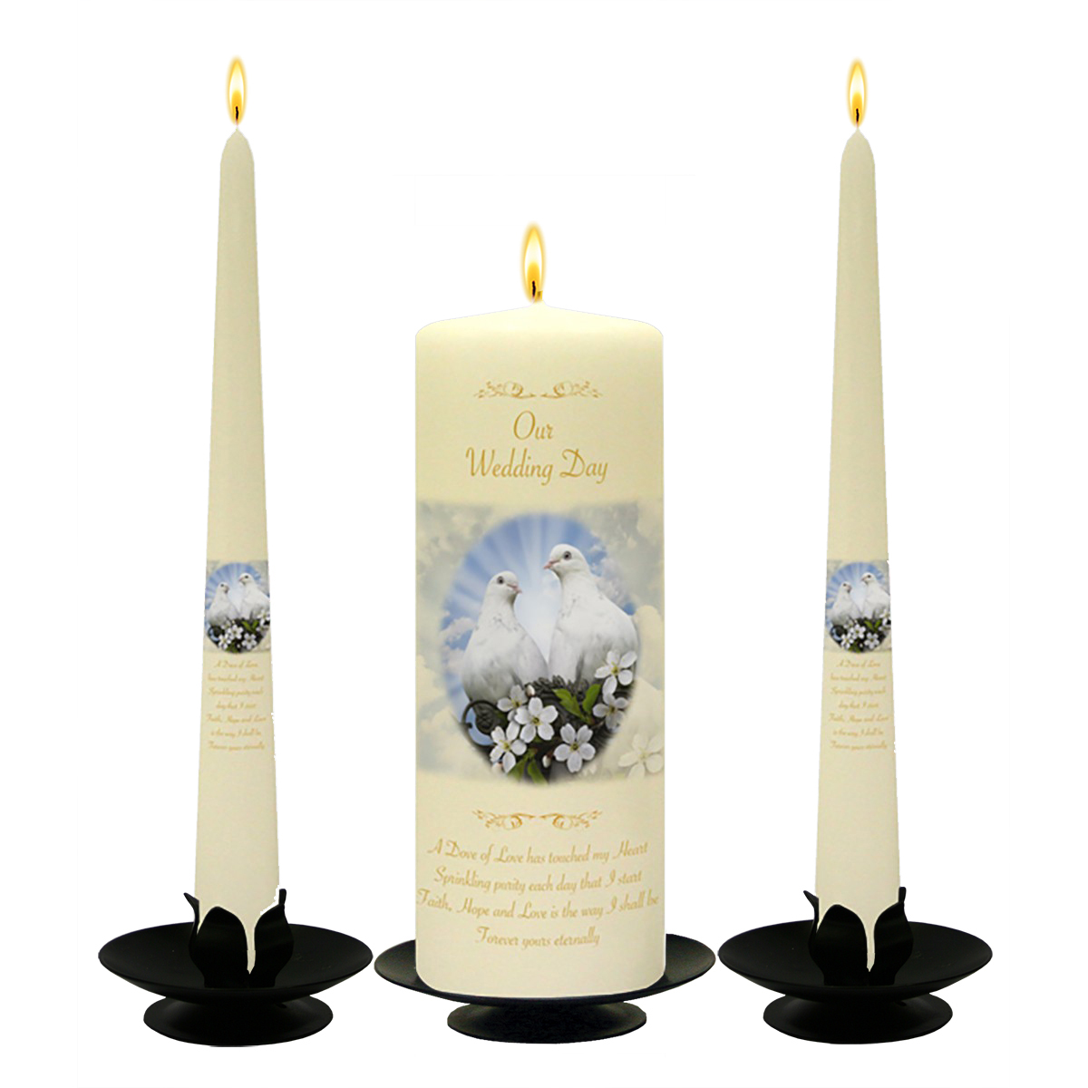 Personalised Wedding Candles - Love Doves Gold Script