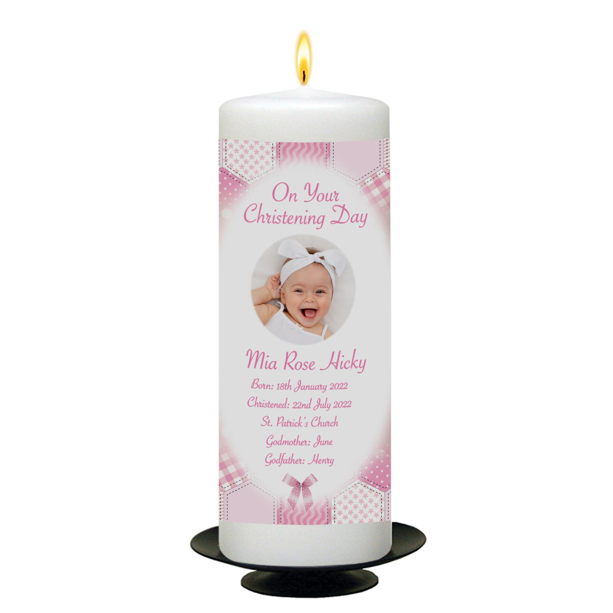 Personalised Girls Christening Candle - Dots & Ribbons Girl with Photo