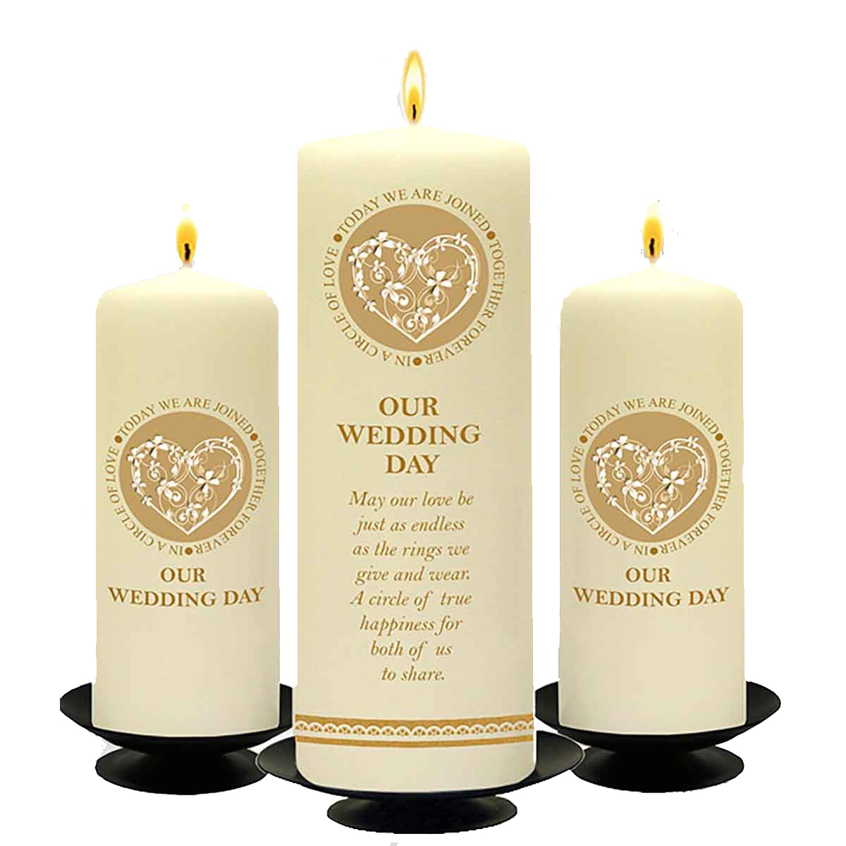 Personalised Wedding Candles - Flowers Gold Set (1 x 9 inch & 2 x 6 inch Candles)
