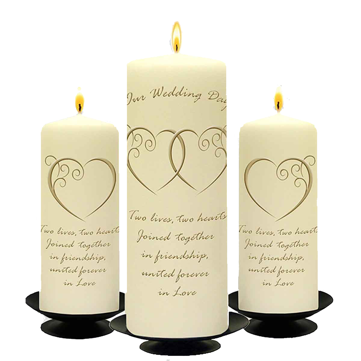 Personalised Wedding Candles - Entwined Hearts Gold Set (1 x 9 inch & 2 x 6 inch Candles)