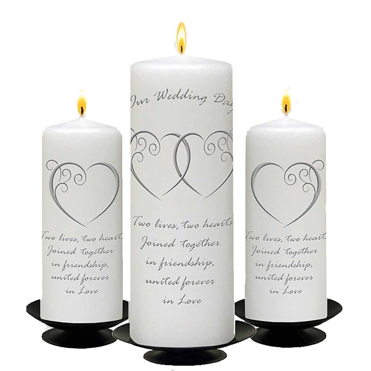 Personalised Wedding Candles - Entwined Hearts Silver Set (1 x 9 inch & 2 x 6 inch Candles)