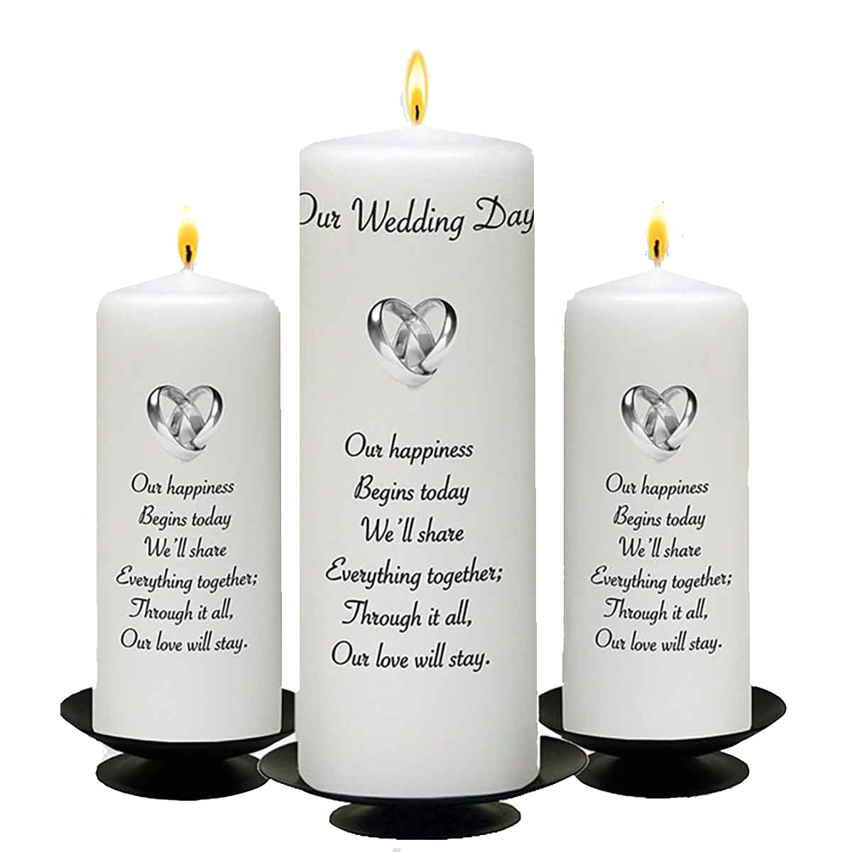 Personalised Wedding Candles - Entwined Silver Rings Set (1 x 9 inch & 2 x 6 inch Candles)