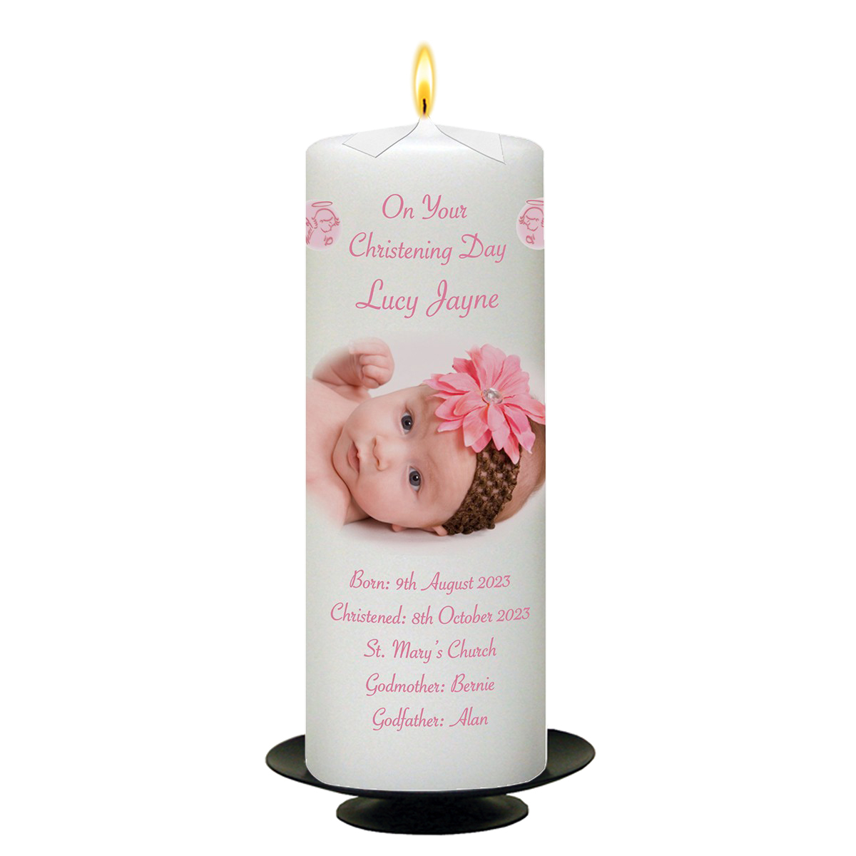 Personalised Girls Christening Candle - Angel Pink with Photo