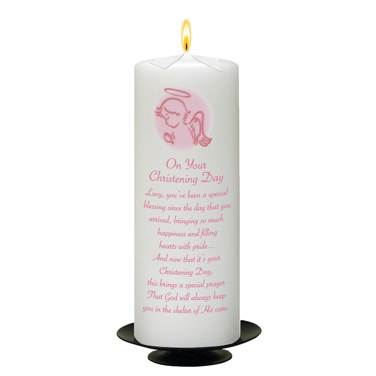 Personalised Girls Christening Candle - Angel Pink with Photo
