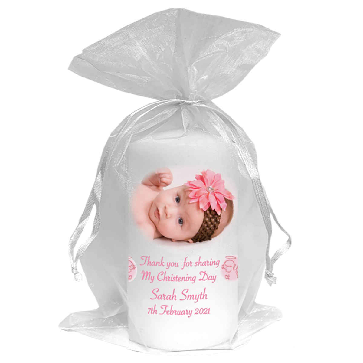 Personalised Girls Christening Candle - Angel Pink with Photo