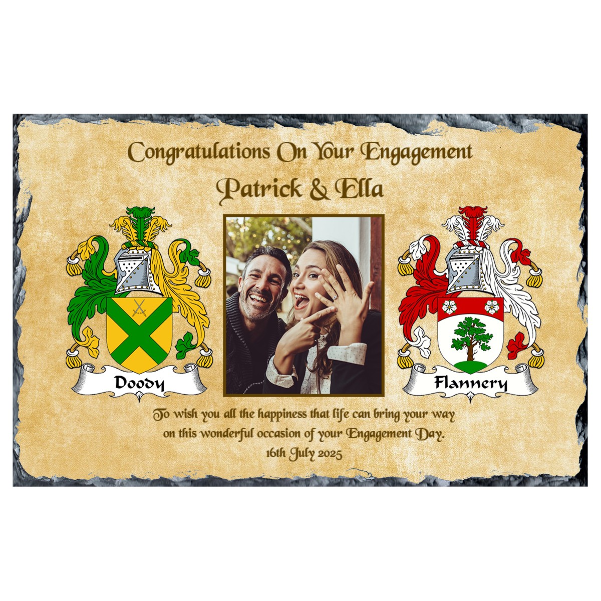 Personalised Engagement Slate Gift - Family Crests and Photo - Beige Background