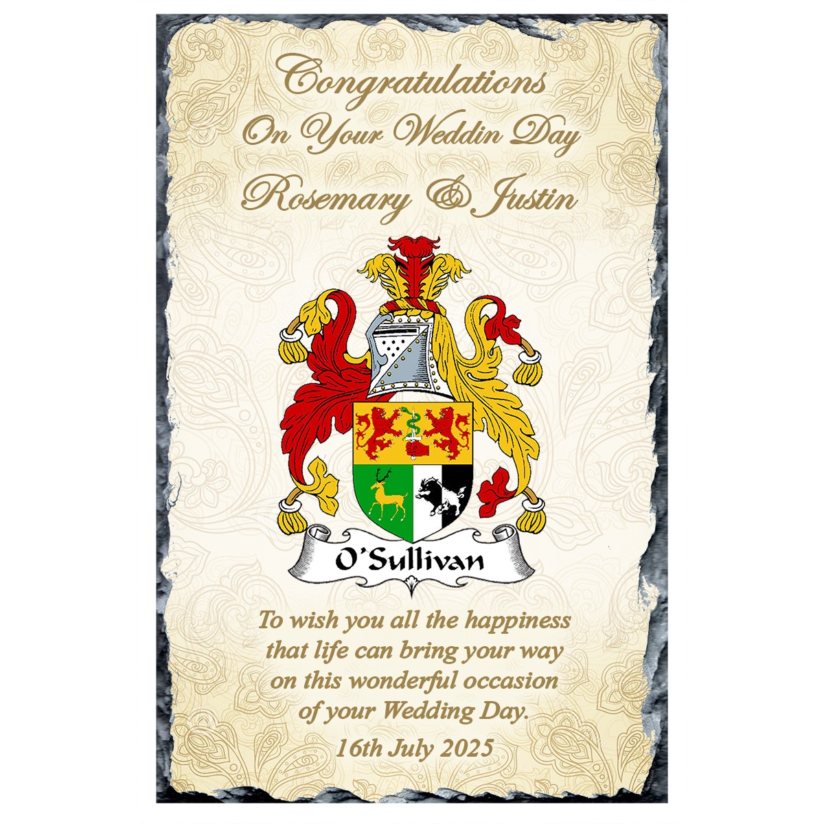 Personalsied Wedding Slate Gift - Family Crest - Gold Background