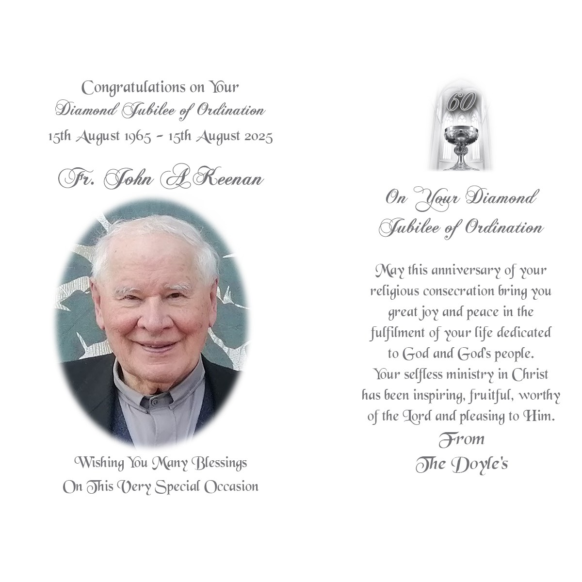 Personalised Ordination Candle Gift - Silver Jubilee Ordination with Photo
