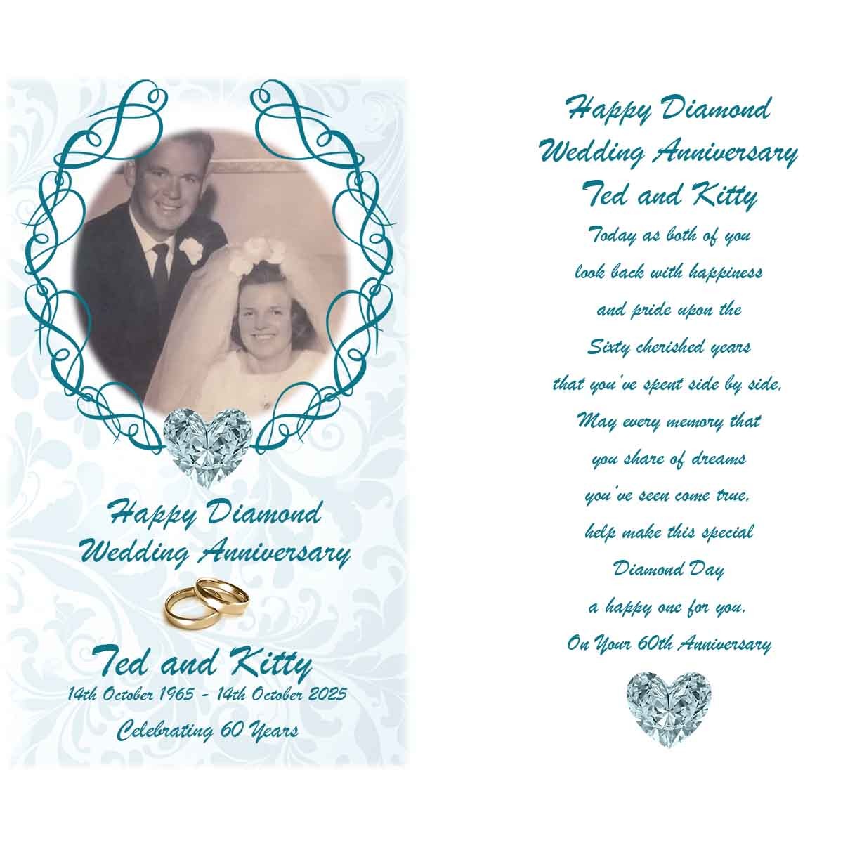 Personalised Wedding Anniversary Candle Gift - 60th (Diamond) Anniversary - Love Heart Gem & Photo