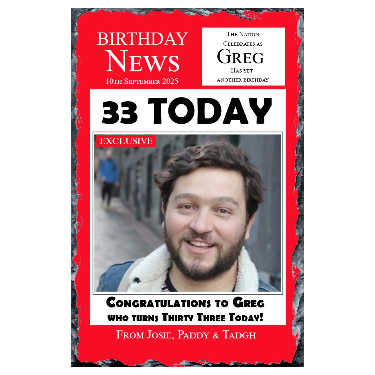 Personalsied Birthday Slate Gift - Birthday News - Red with photo