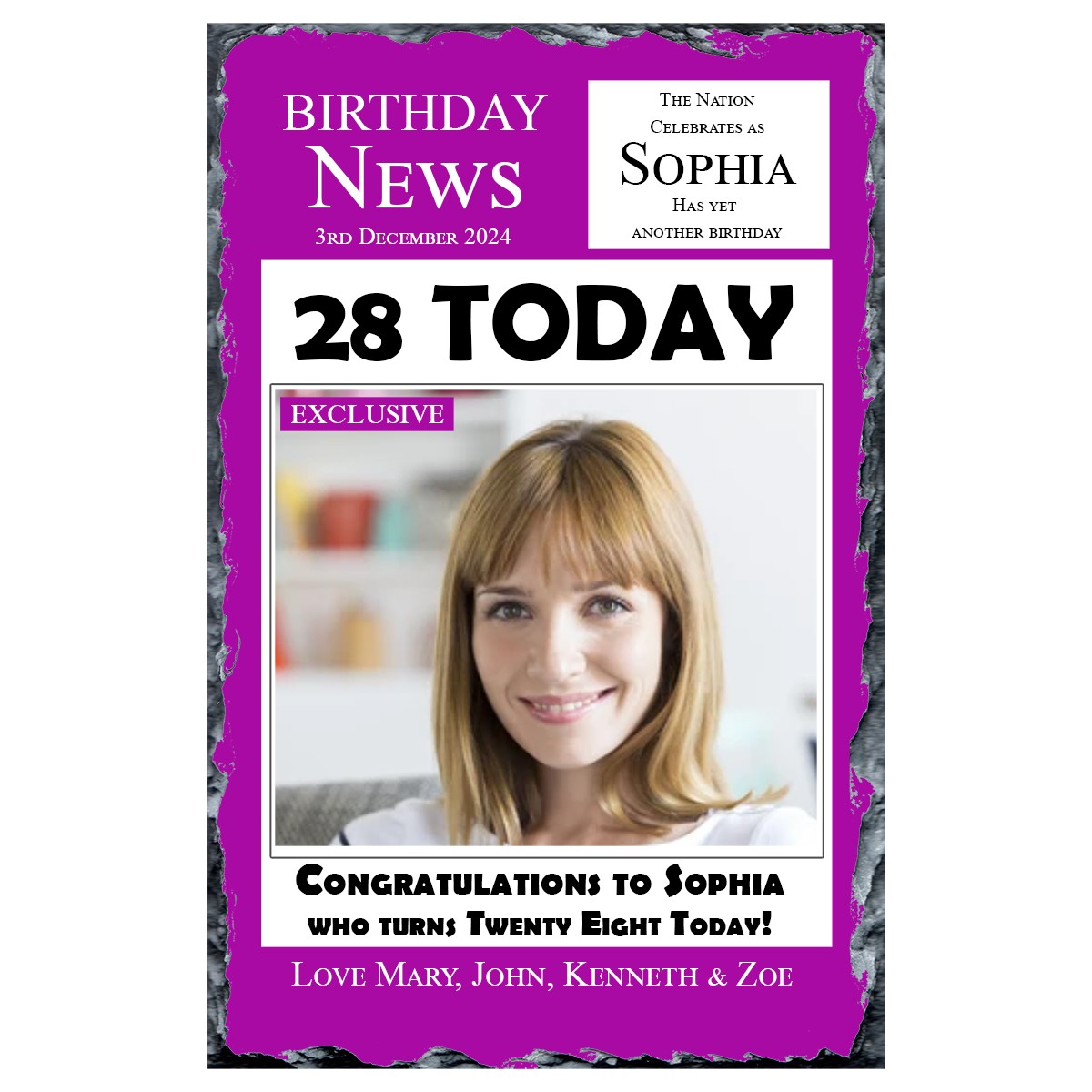 Personalsied Birthday Slate Gift - Birthday News - Purple with photo