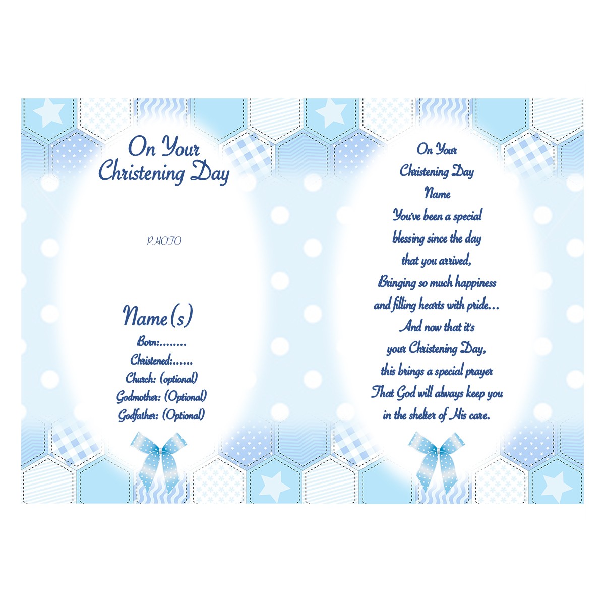 Personalised Boys Christening Candle - Dots & Ribbons Blue with Photo