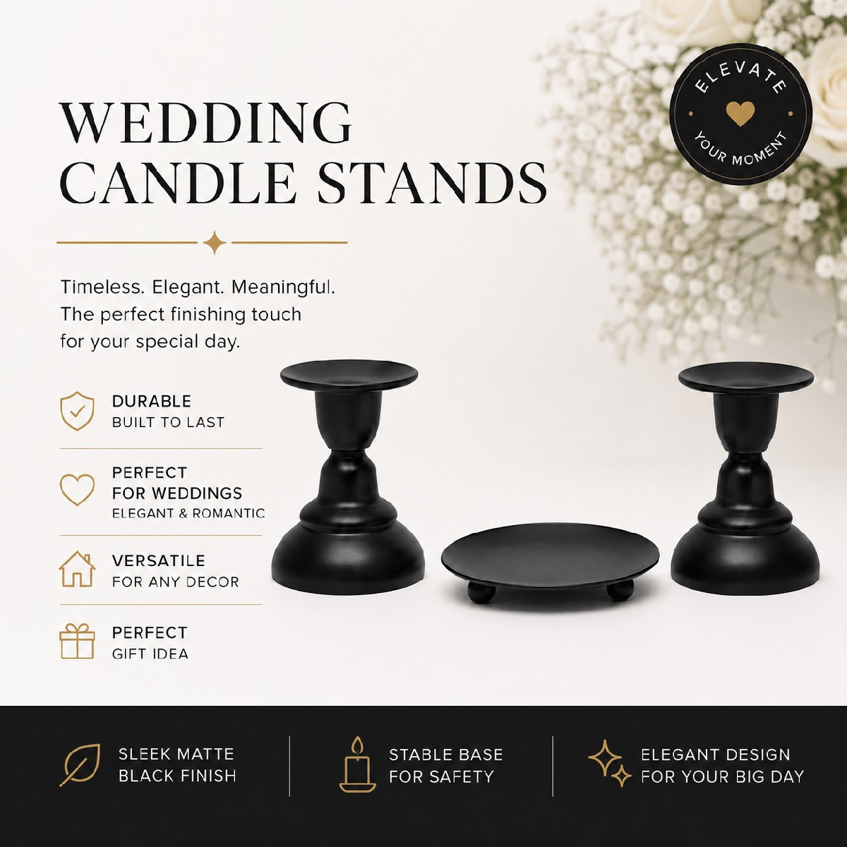 Candle Stand - Set Black includes: 1 Saucer & 2 Tulip Stands