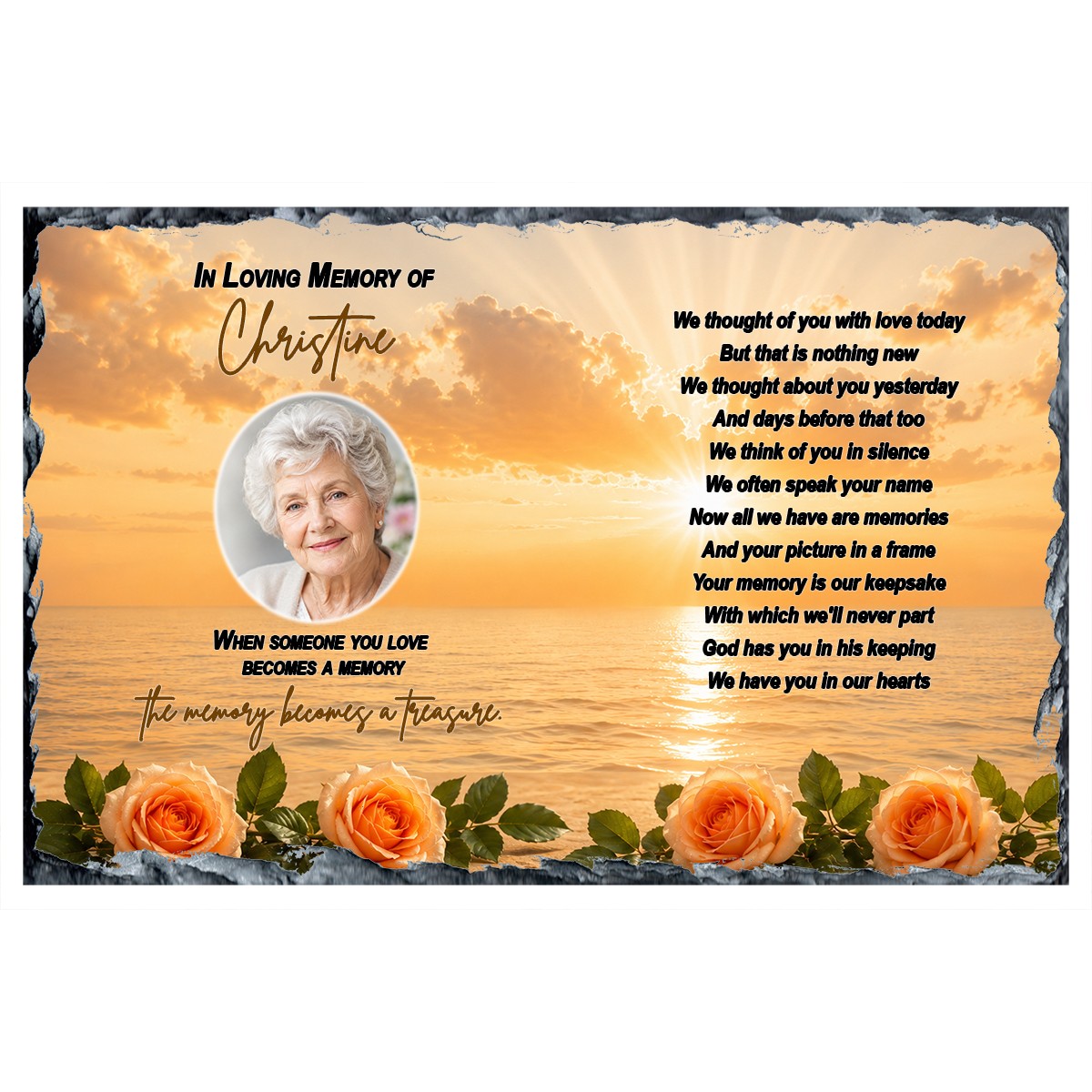 Personalsied Remembrance Slate - Blue Rose & Robin with Photo