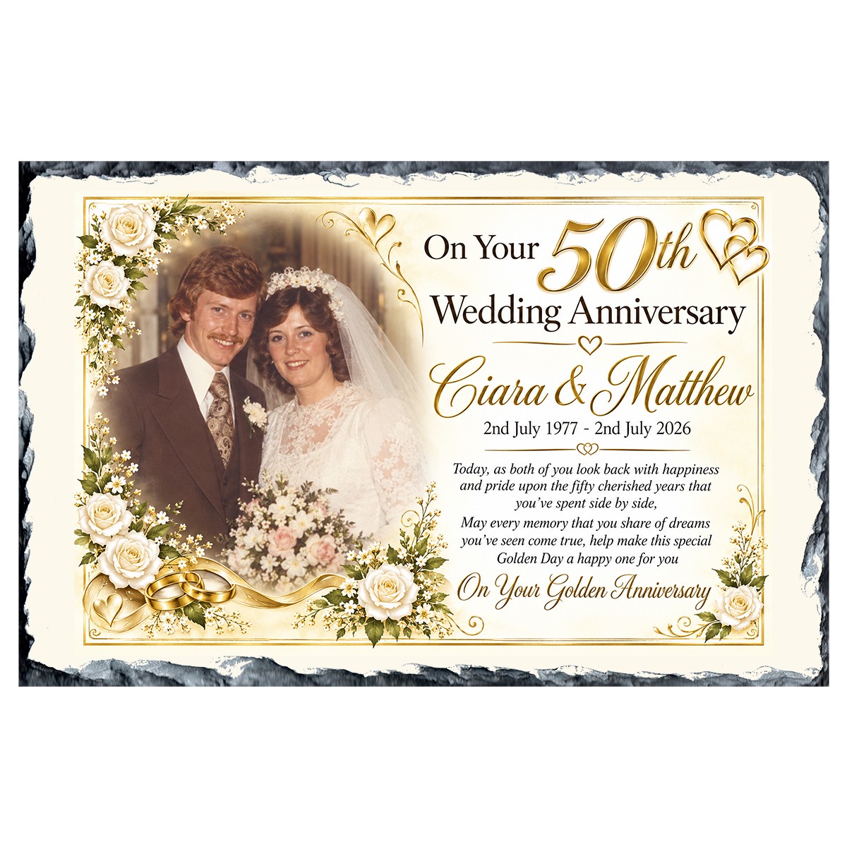 Personalsied Wedding Anniversary Slate Gift - Any Anniversary Photo & Family Crests Beige