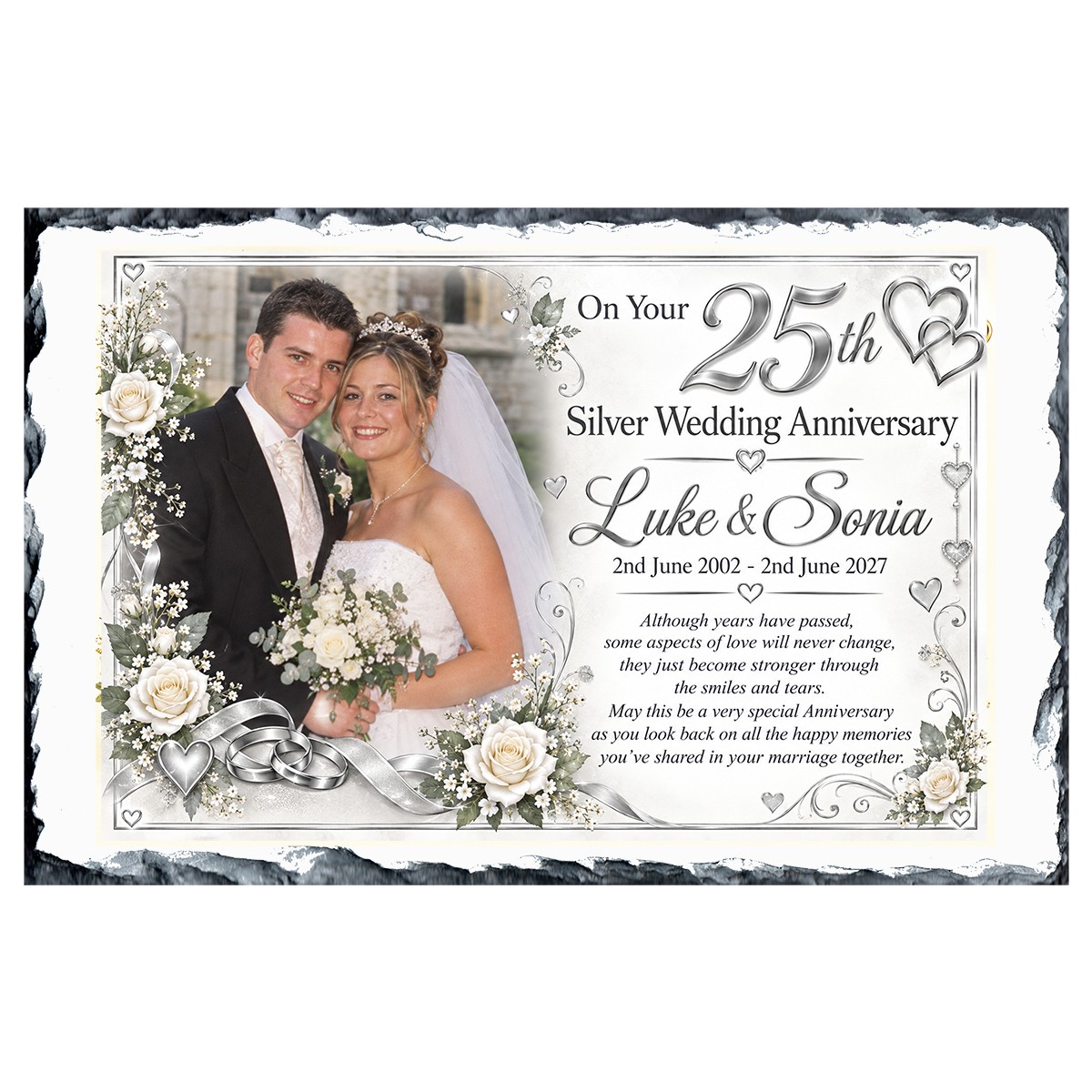 Personalsied Wedding Anniversary Slate Gift - Any Anniversary Photo & Family Crests Beige