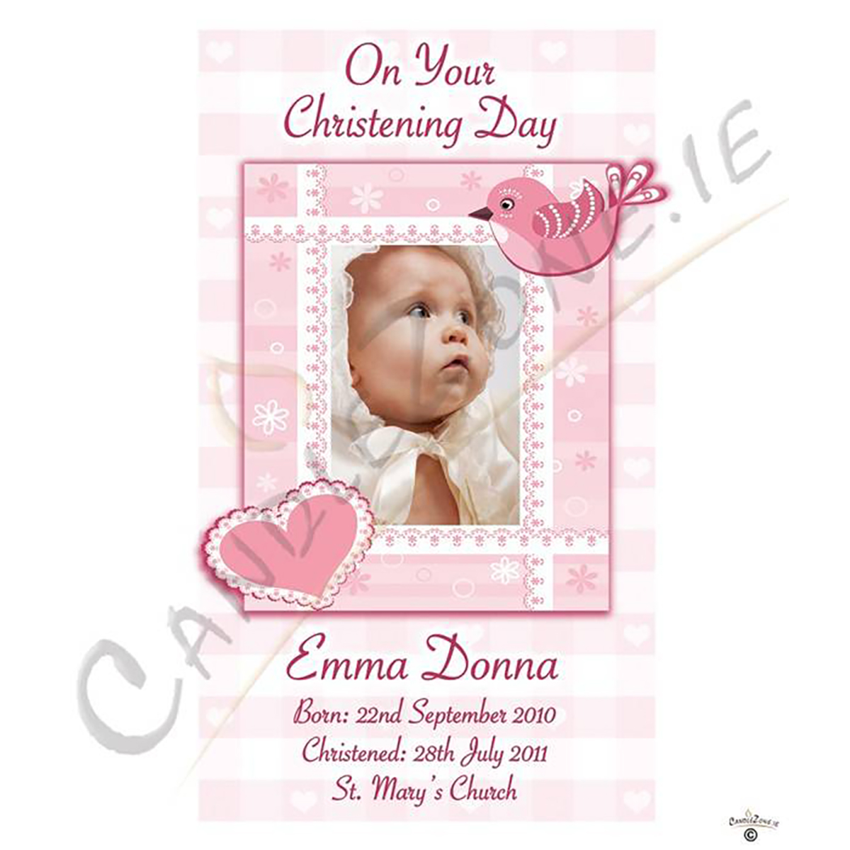 Personalised Girls Christening Candle - Heart & Bird Pink with Photo
