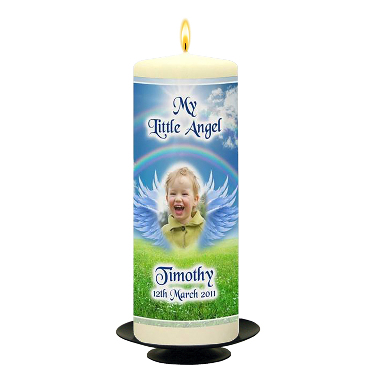 Personalised Remembrance Candle - Angel Wings Blue with Photo