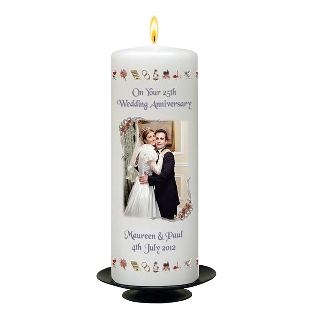 Personalised Wedding Anniversary Candle Gift - 25th (Silver) Anniversary - Ribbons & Photo