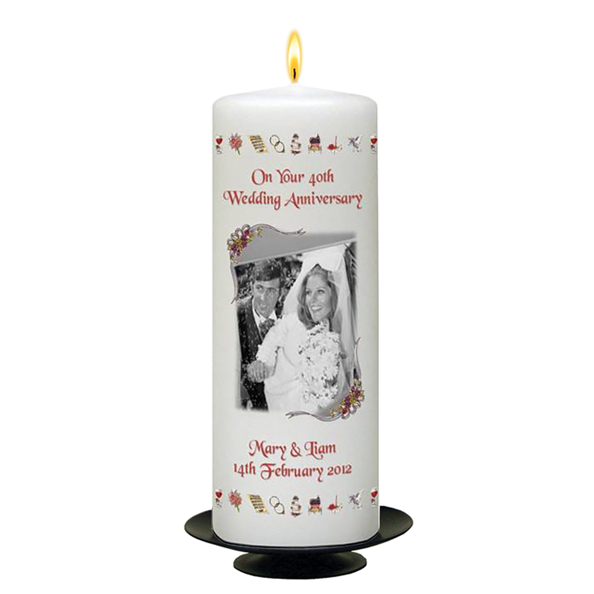 Personalised Wedding Anniversary Candle Gift - 40th (Ruby) Anniversary - Ribbons & Photo