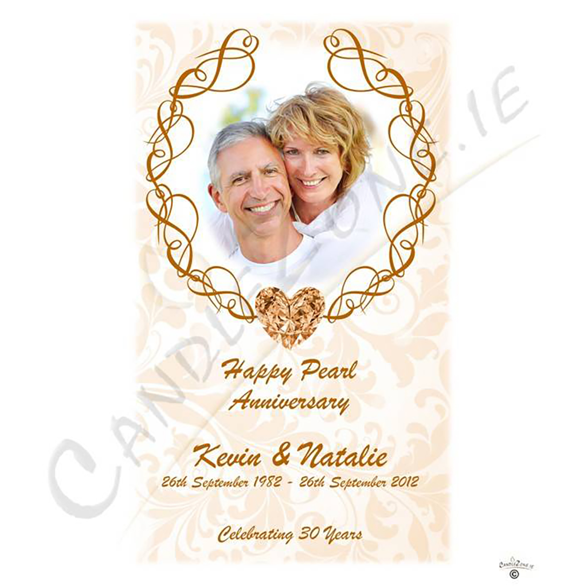 Personalised Wedding Anniversary Candle Gift - 30th (Pearl) Anniversary - Love Heart Gem & Photo