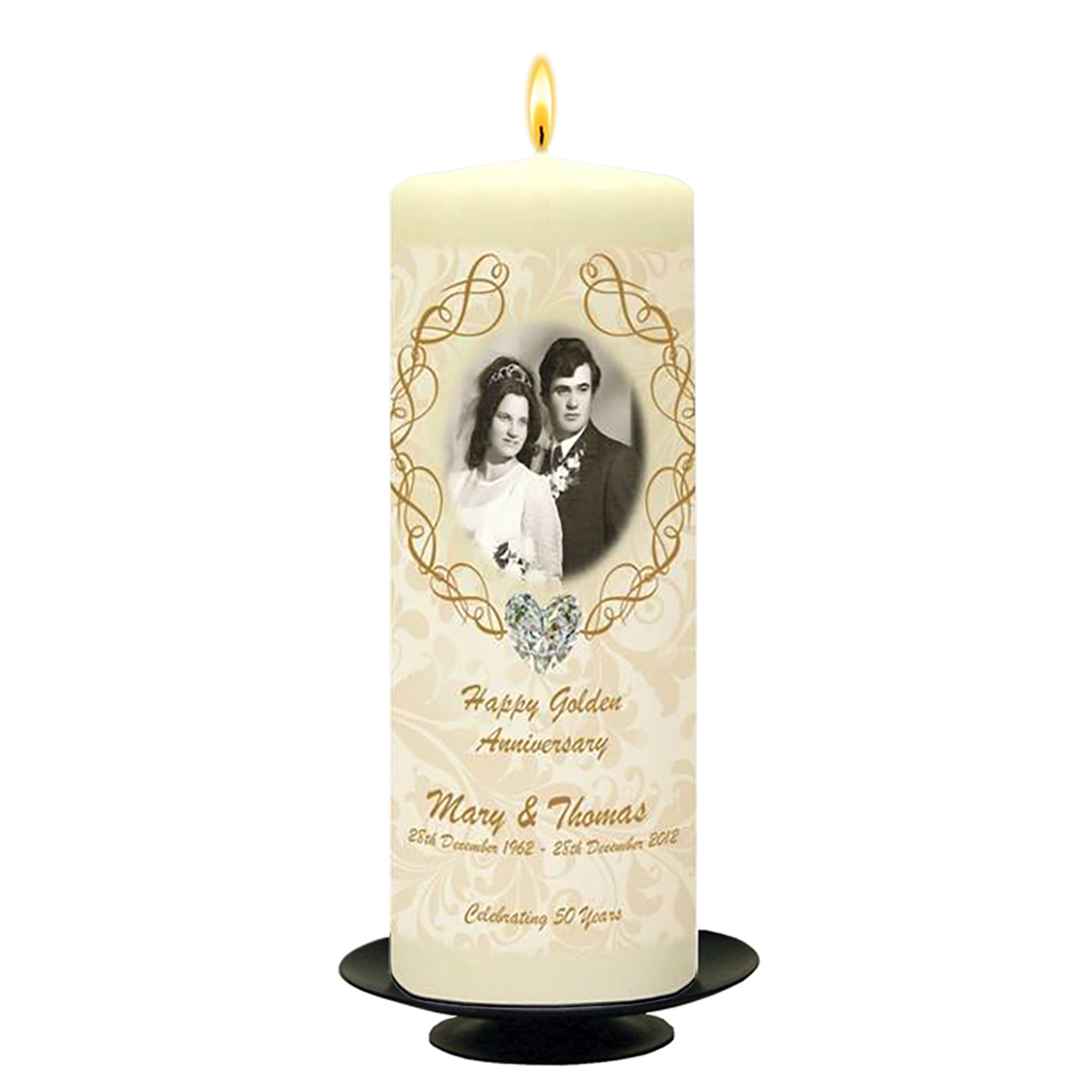 Personalised Wedding Anniversary Candle Gift - 50th (Golden) Anniversary - Love Heart Gem & Photo
