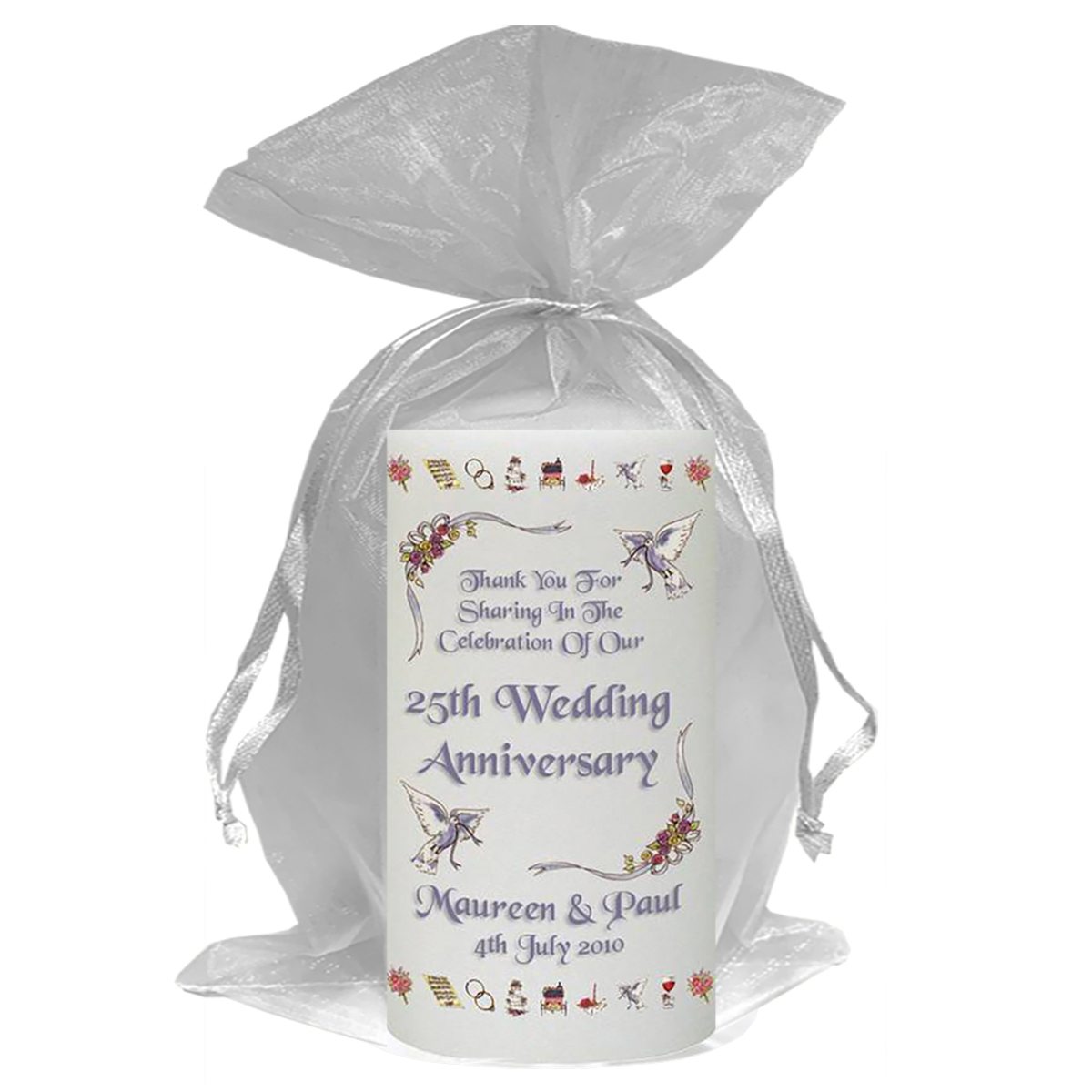 Personalised Wedding Anniversary Favour Candle - 25th Anniversary - Ribbons