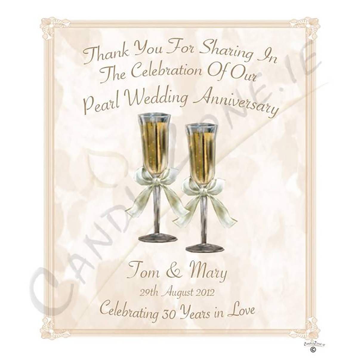 Personalised Wedding Anniversary Favour Candle - 30th Anniversary - Champagne Glasses