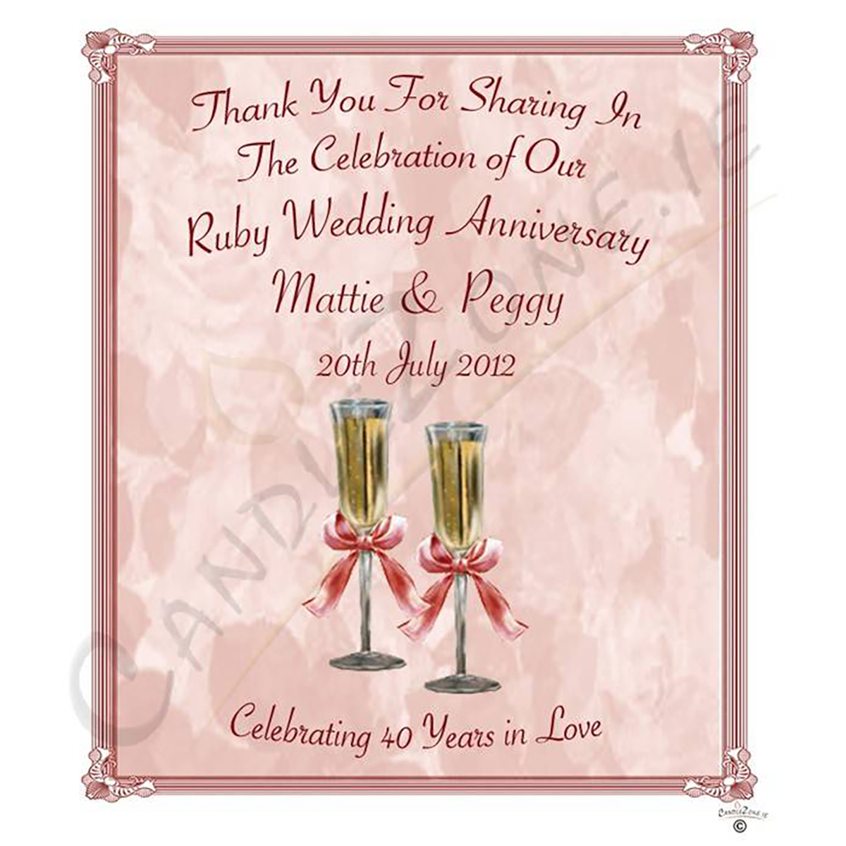 Personalised Wedding Anniversary Favour Candle - 40th Anniversary - Champagne Glasses