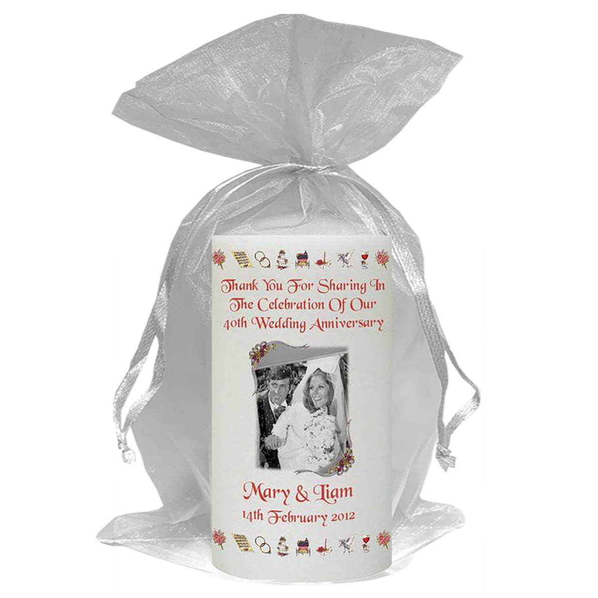 Personalised Wedding Anniversary Favour Candle - 40th Anniversary - Ribbons & Photo
