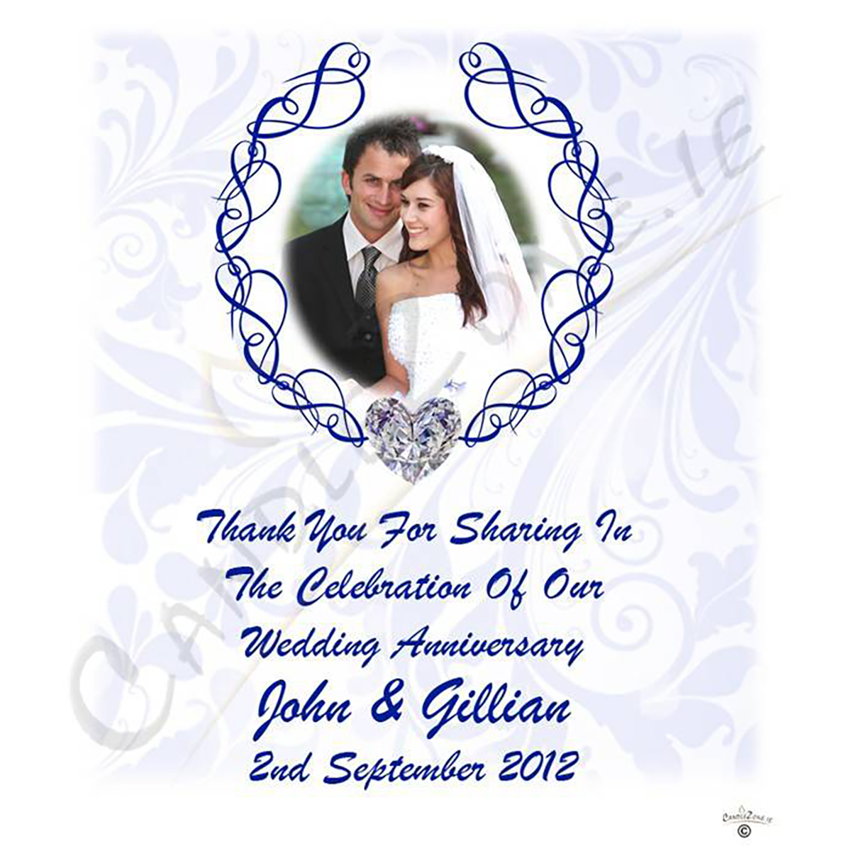 Personalised Wedding Anniversary Favour Candle - Happy Anniversary - Love Heart Gem & Photo
